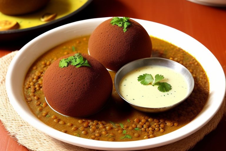 Ragi Mudde, a traditional dish made from finger millet flour, served with sambar and curry